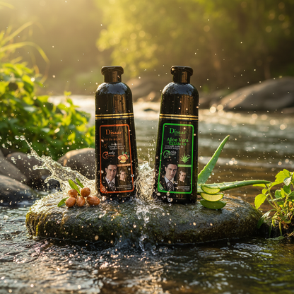 Two bottles of Disaar black hair shampoo on a white surface with a yellow background.
